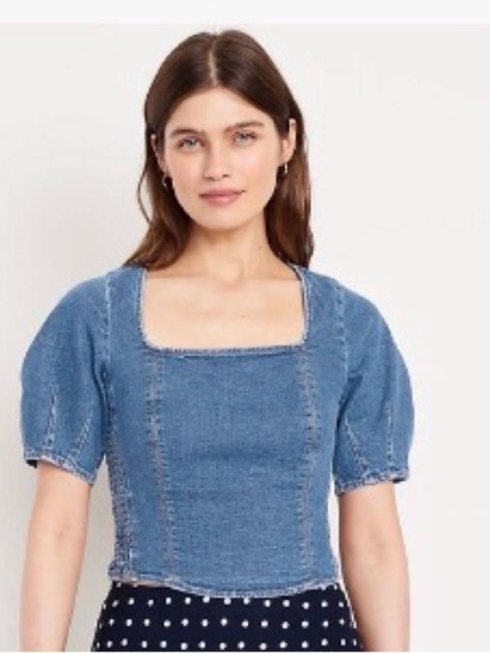 Blue Square-Neck Puff Sleeve Top
